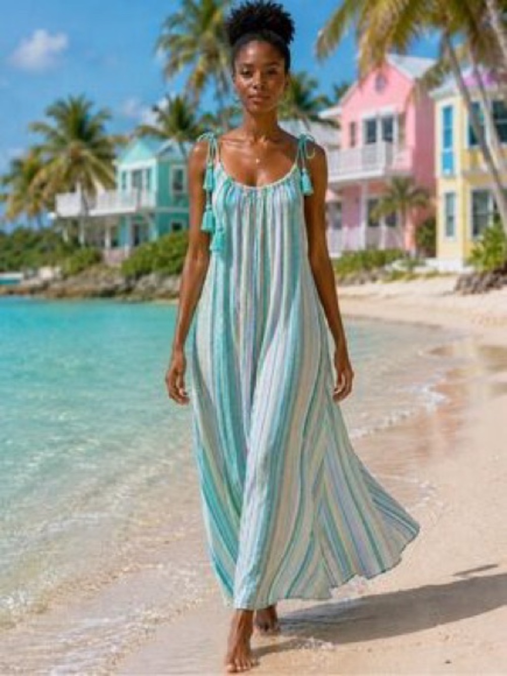 Time and Tru linen Striped Aqua Tie-Shoulder Maxi Dress
